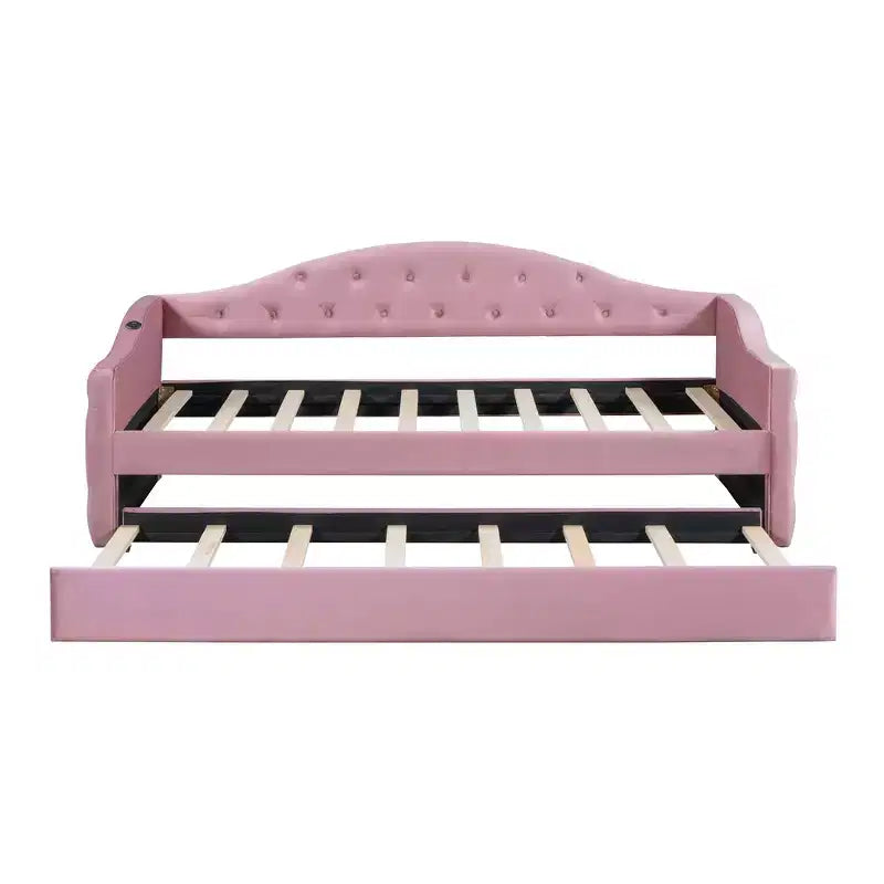 Twin Upholstered Daybed with Trundle, Tufted Velvet Sofa Bed with USB Charging Ports