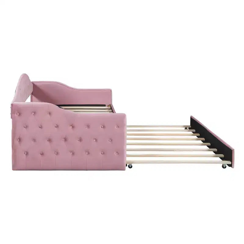 Twin Upholstered Daybed with Trundle, Tufted Velvet Sofa Bed with USB Charging Ports