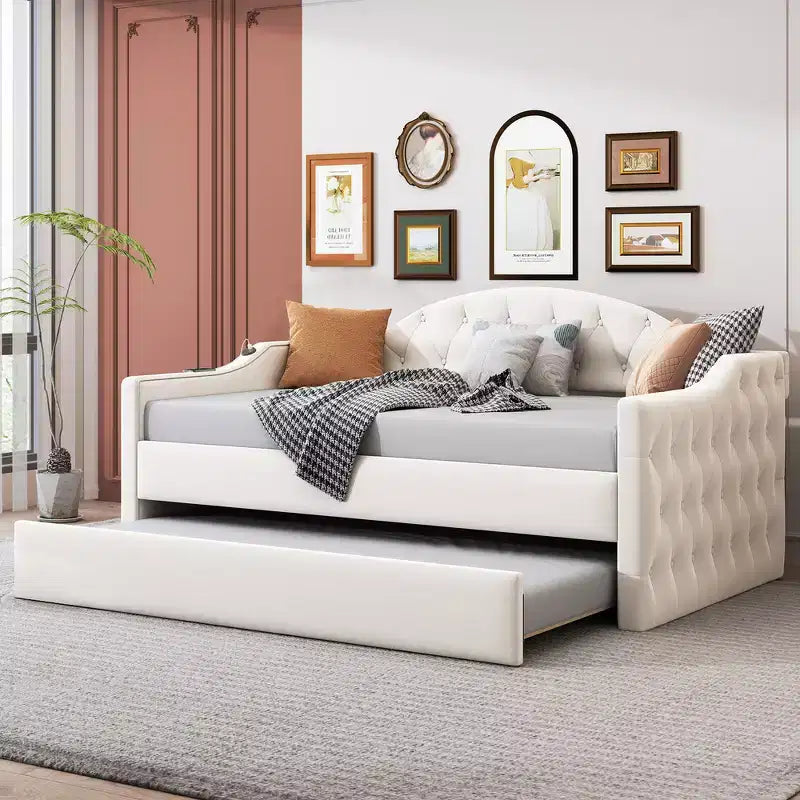 Twin Upholstered Daybed with Trundle, Tufted Velvet Sofa Bed with USB Charging Ports