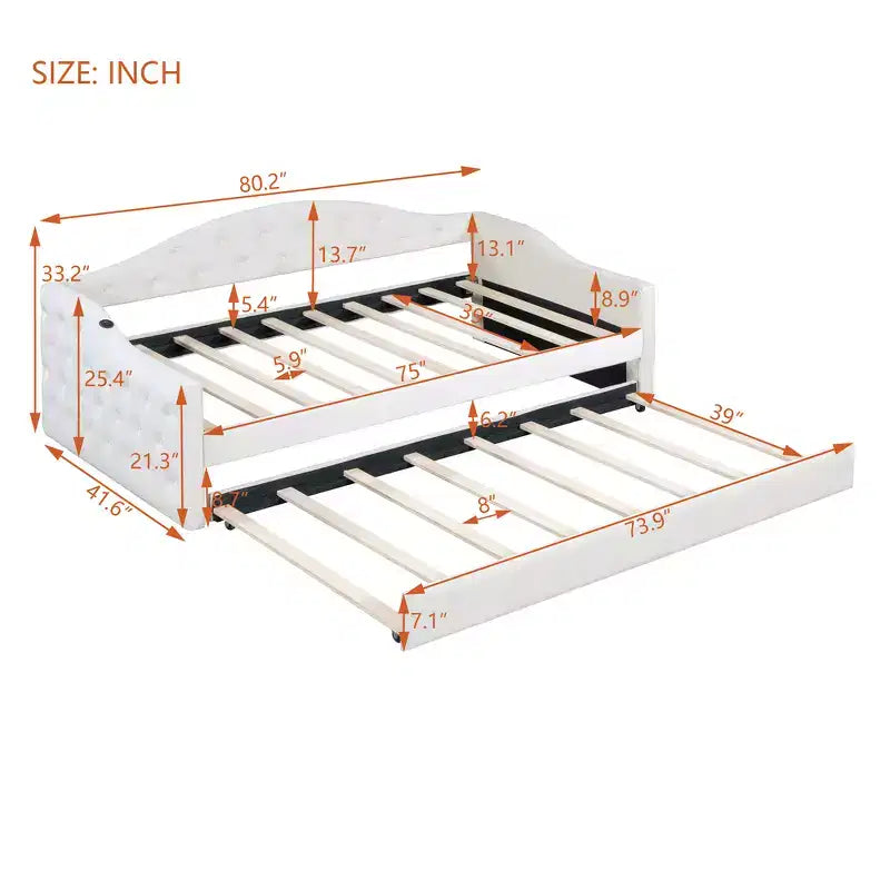 Twin Upholstered Daybed with Trundle, Tufted Velvet Sofa Bed with USB Charging Ports