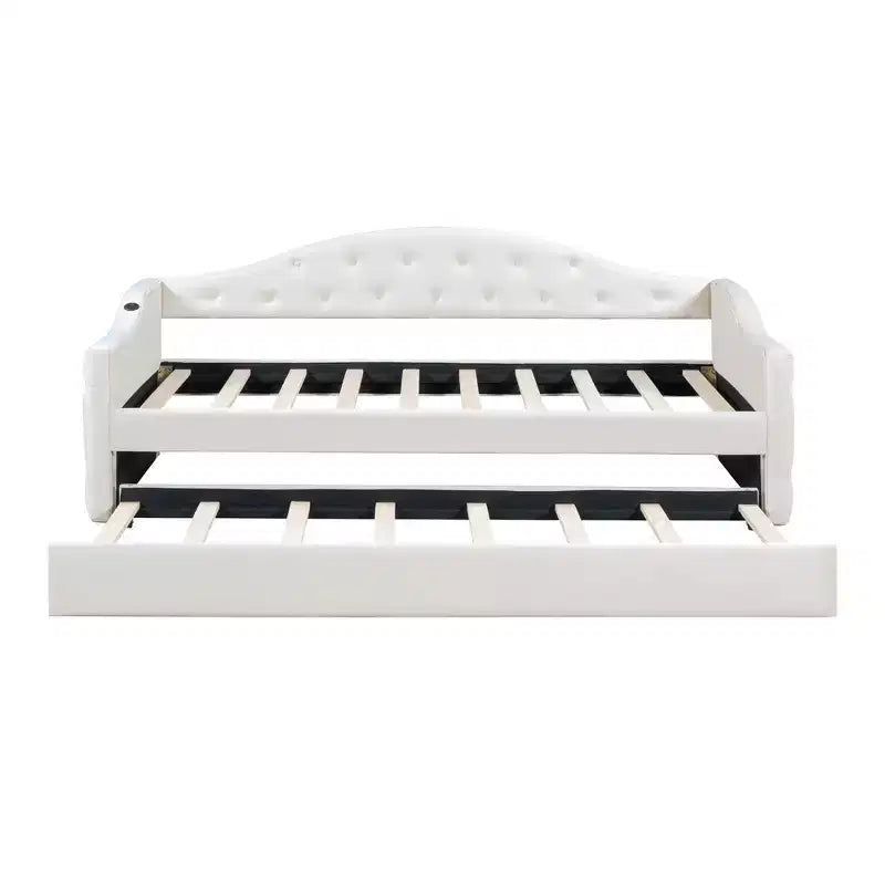Twin Upholstered Daybed with Trundle, Tufted Velvet Sofa Bed with USB Charging Ports