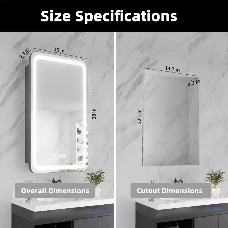 16"W x 28"H Iron Medicine Cabinet with Mirror, Dimmable LED Light, Anti-Fog and Outlets, Fully Assembled