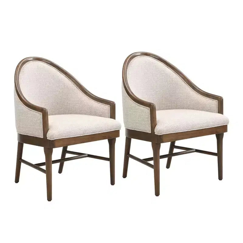 Set of 2 Mid-Century Modern Dining Chairs, Twill Upholstered Curved Armchairs with Solid Rubberwood Frame, Beige