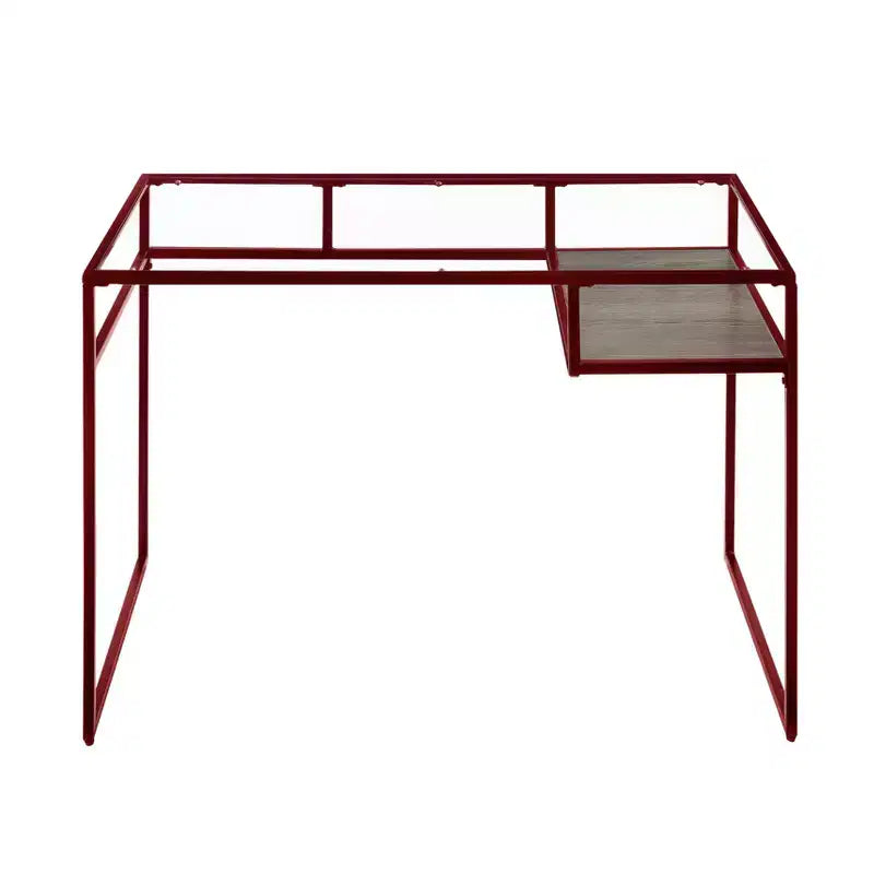 Writing Desk with Glass Top, Red Finish and Open Storage Shelf, 48"L x 24"W x 31"H