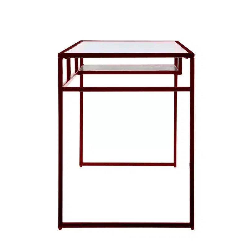 Writing Desk with Glass Top, Red Finish and Open Storage Shelf, 48"L x 24"W x 31"H