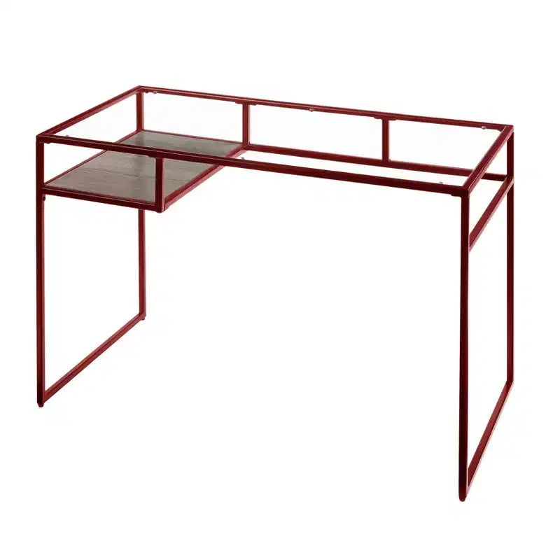 Writing Desk with Glass Top, Red Finish and Open Storage Shelf, 48"L x 24"W x 31"H