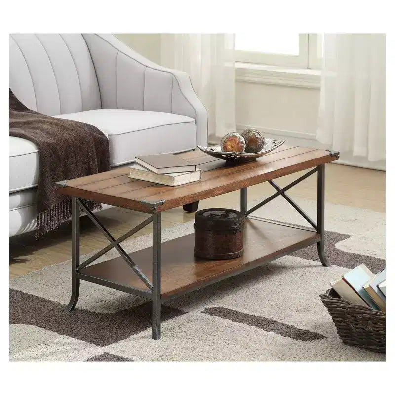 Coffee Table with Storage Shelf, Grooved Top and Decorative Metal Corner Protectors, Dark Walnut/Slate Gray
