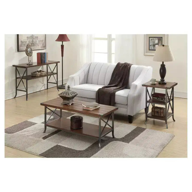 Coffee Table with Storage Shelf, Grooved Top and Decorative Metal Corner Protectors, Dark Walnut/Slate Gray