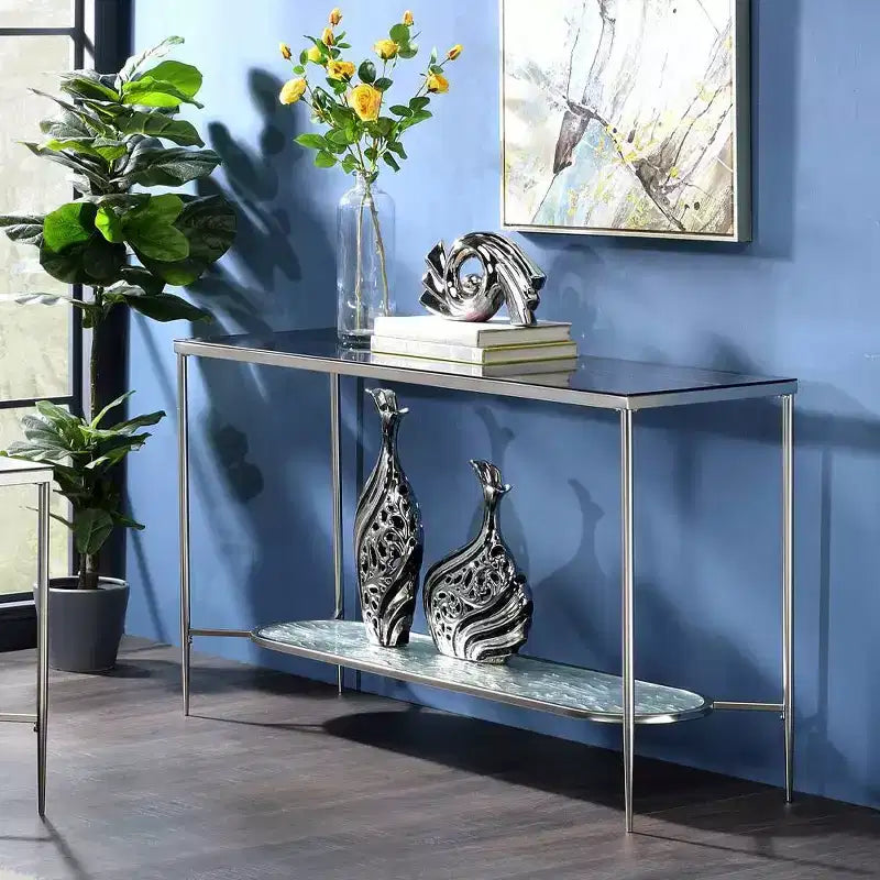 Glass Console Sofa Table, Chrome Finish, 48"L x 16"W x 30"H