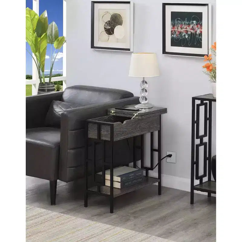 Flip Top End Table with Charging Station, USB Ports, Cable Management and Bottom Shelf, Weathered Gray/Black