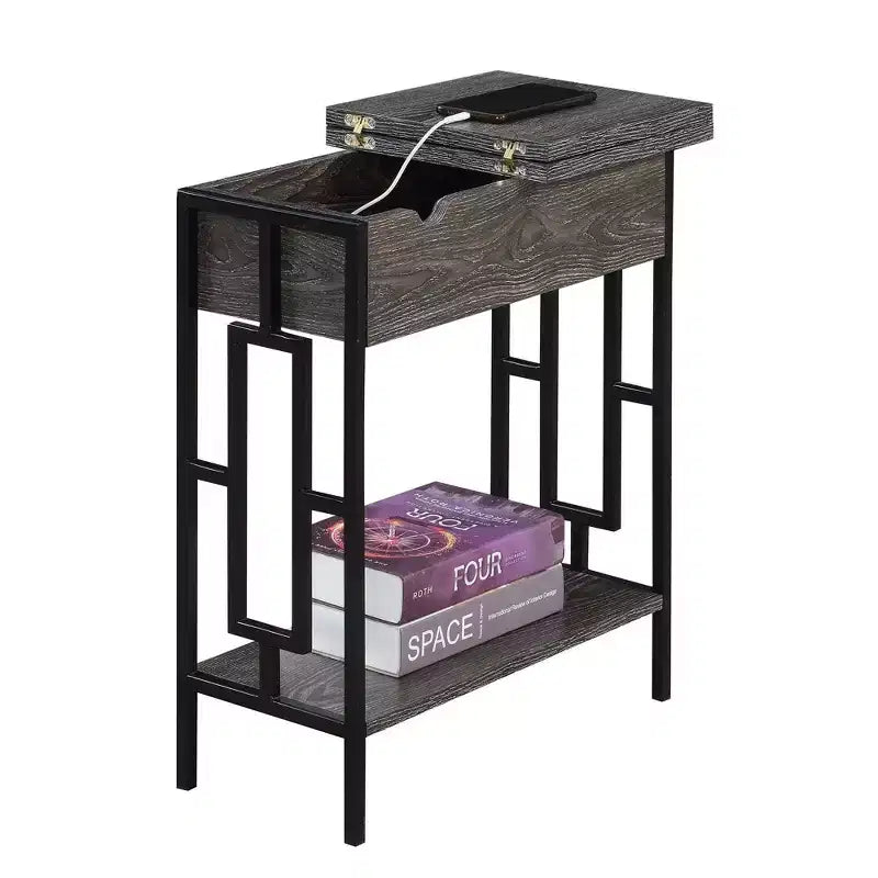 Flip Top End Table with Charging Station, USB Ports, Cable Management and Bottom Shelf, Weathered Gray/Black