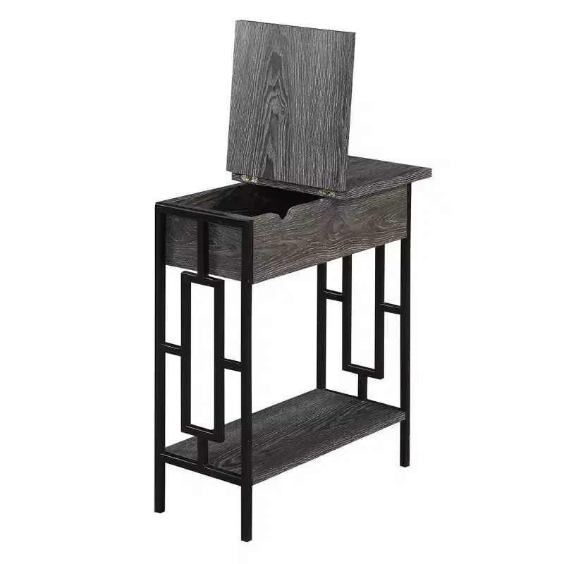Flip Top End Table with Charging Station, USB Ports, Cable Management and Bottom Shelf, Weathered Gray/Black