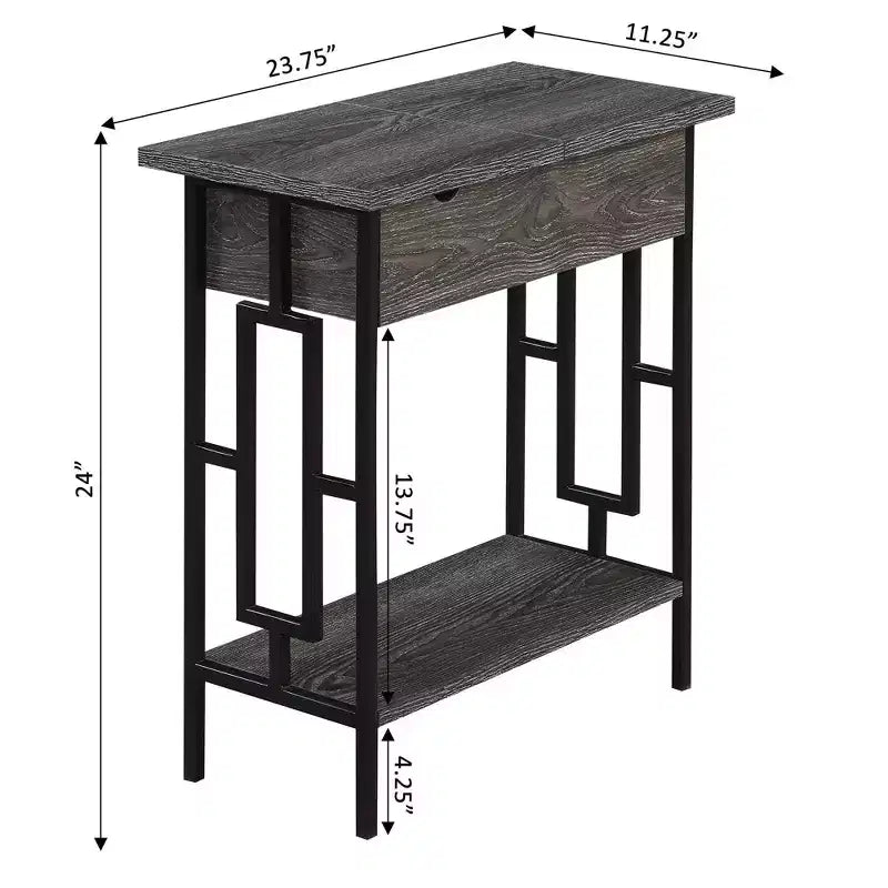 Flip Top End Table with Charging Station, USB Ports, Cable Management and Bottom Shelf, Weathered Gray/Black