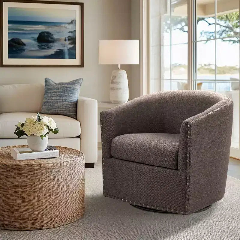 Swivel Lounge Chair with High-Density Foam Cushion and Bronze Nailhead Trim