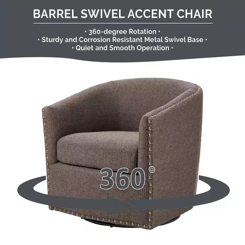 Swivel Lounge Chair with High-Density Foam Cushion and Bronze Nailhead Trim
