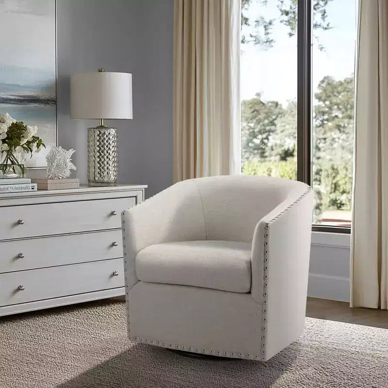Swivel Lounge Chair with High-Density Foam Cushion and Bronze Nailhead Trim