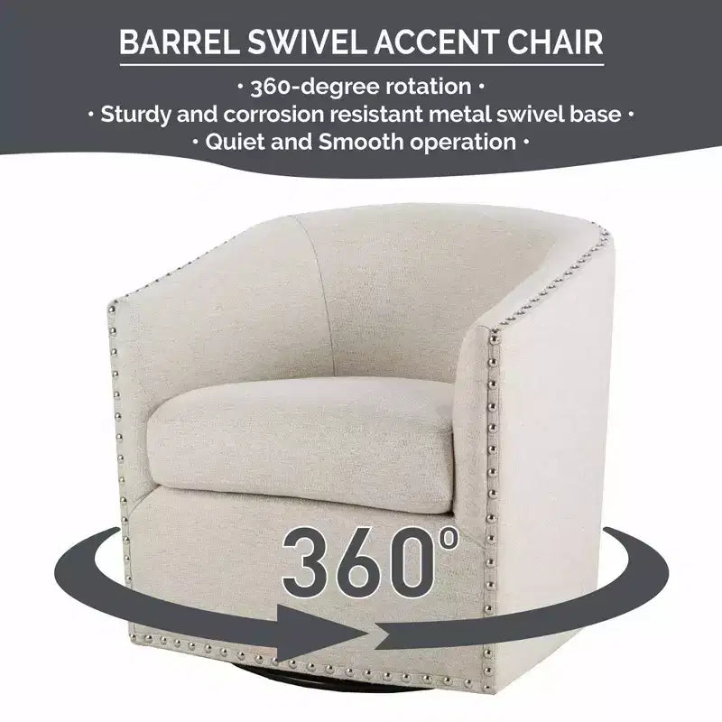 Swivel Lounge Chair with High-Density Foam Cushion and Bronze Nailhead Trim