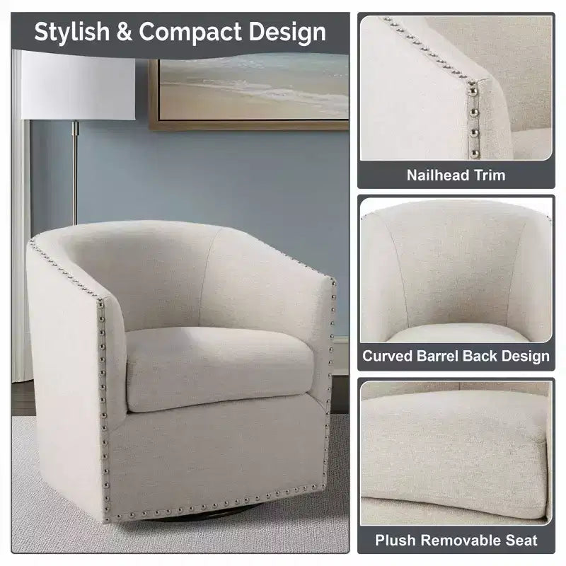 Swivel Lounge Chair with High-Density Foam Cushion and Bronze Nailhead Trim