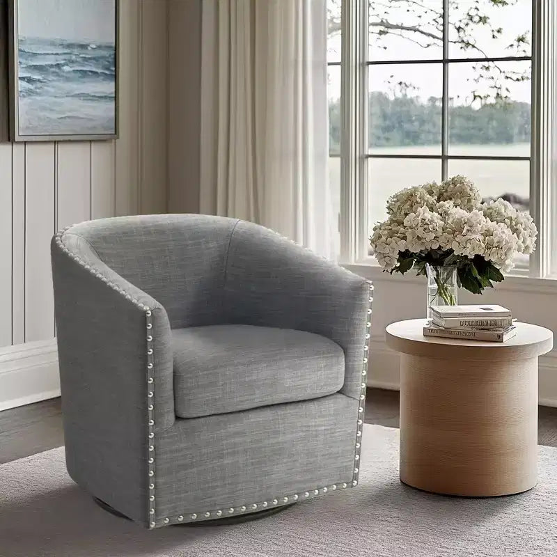 Swivel Lounge Chair with High-Density Foam Cushion and Bronze Nailhead Trim