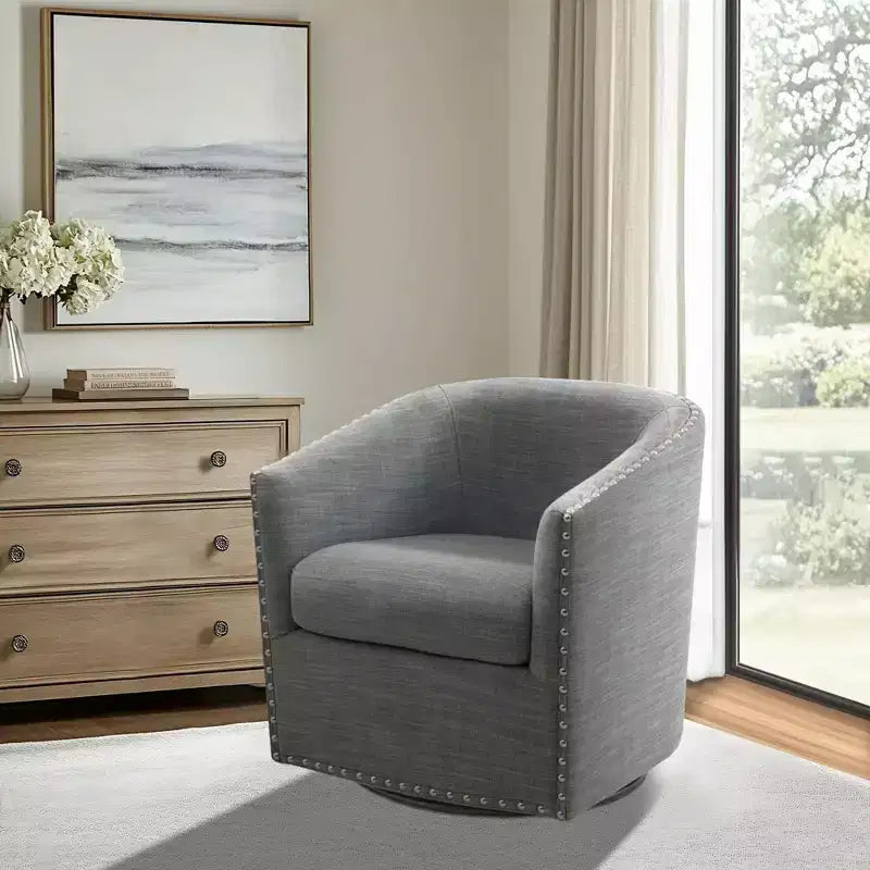 Swivel Lounge Chair with High-Density Foam Cushion and Bronze Nailhead Trim