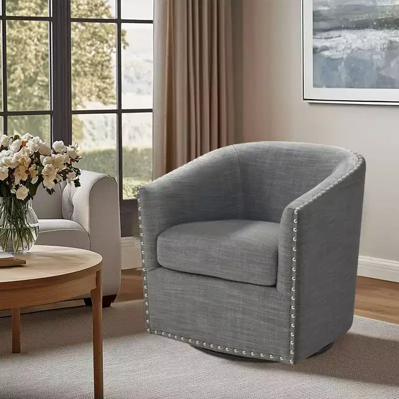 Swivel Lounge Chair with High-Density Foam Cushion and Bronze Nailhead Trim