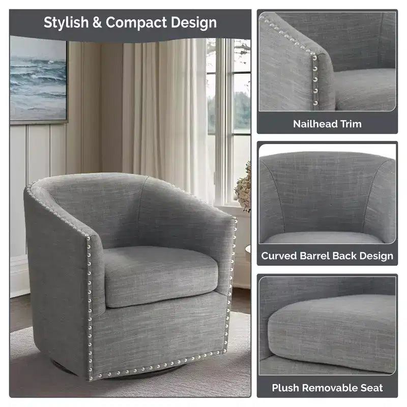 Swivel Lounge Chair with High-Density Foam Cushion and Bronze Nailhead Trim