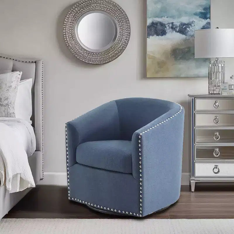 Swivel Lounge Chair with High-Density Foam Cushion and Bronze Nailhead Trim