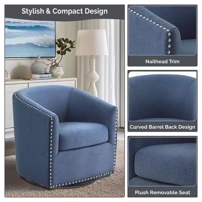 Swivel Lounge Chair with High-Density Foam Cushion and Bronze Nailhead Trim