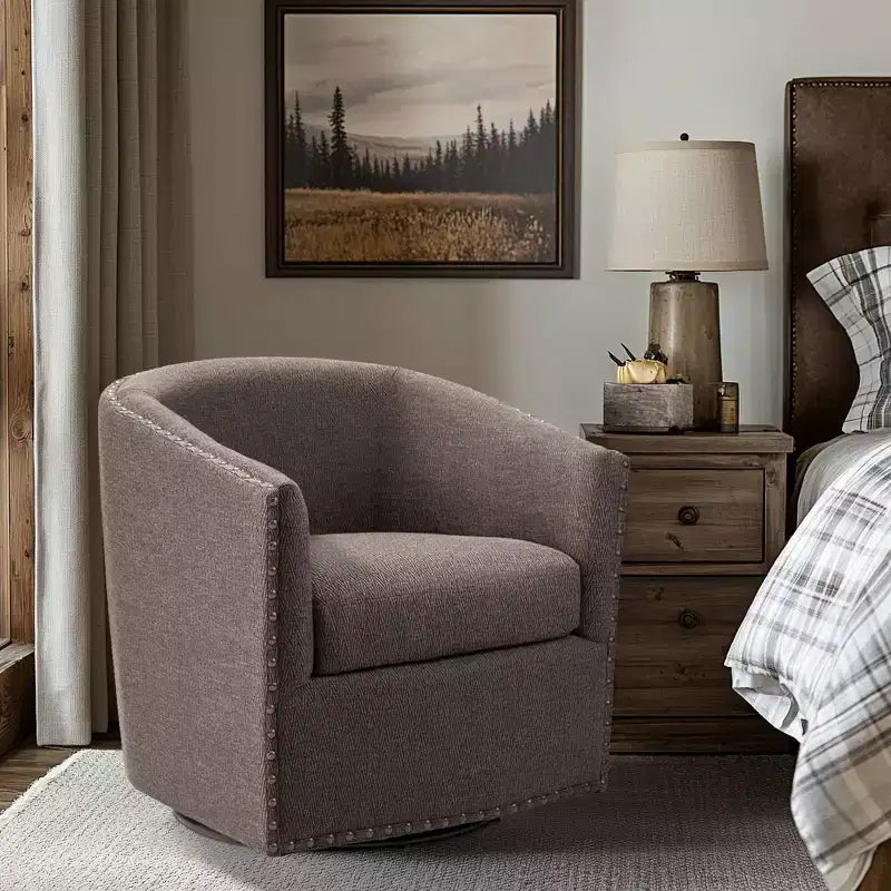 Swivel Lounge Chair with High-Density Foam Cushion and Bronze Nailhead Trim