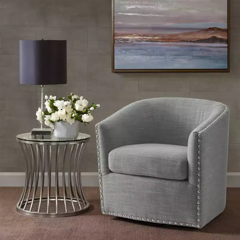 Swivel Lounge Chair with High-Density Foam Cushion and Bronze Nailhead Trim