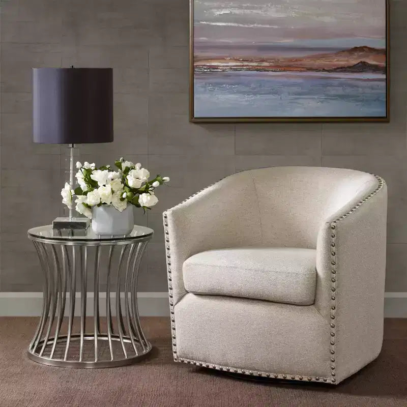 Swivel Lounge Chair with High-Density Foam Cushion and Bronze Nailhead Trim