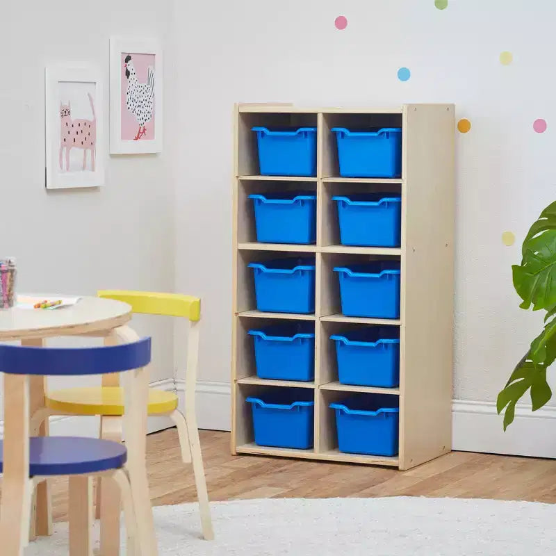10-Cubby Tray Cabinet with 10 Scoop Front Storage Bins, 5x2, Kids Furniture