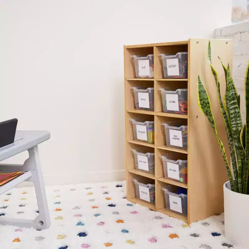 10-Cubby Tray Cabinet with 10 Scoop Front Storage Bins, 5x2, Kids Furniture