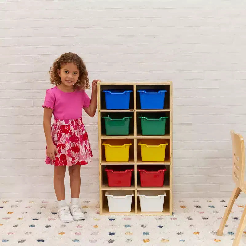 10-Cubby Tray Cabinet with 10 Scoop Front Storage Bins, 5x2, Kids Furniture