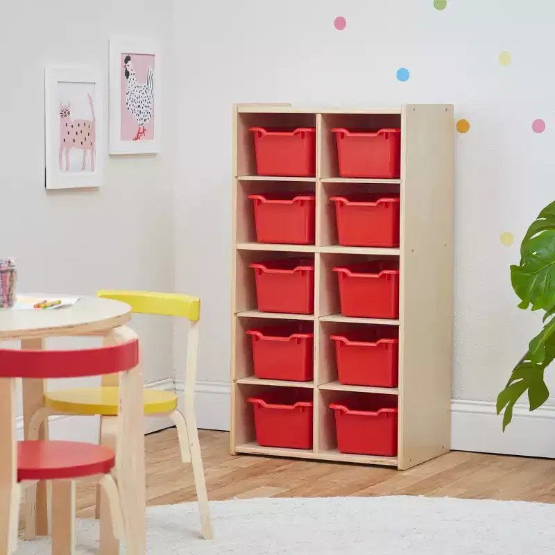10-Cubby Tray Cabinet with 10 Scoop Front Storage Bins, 5x2, Kids Furniture