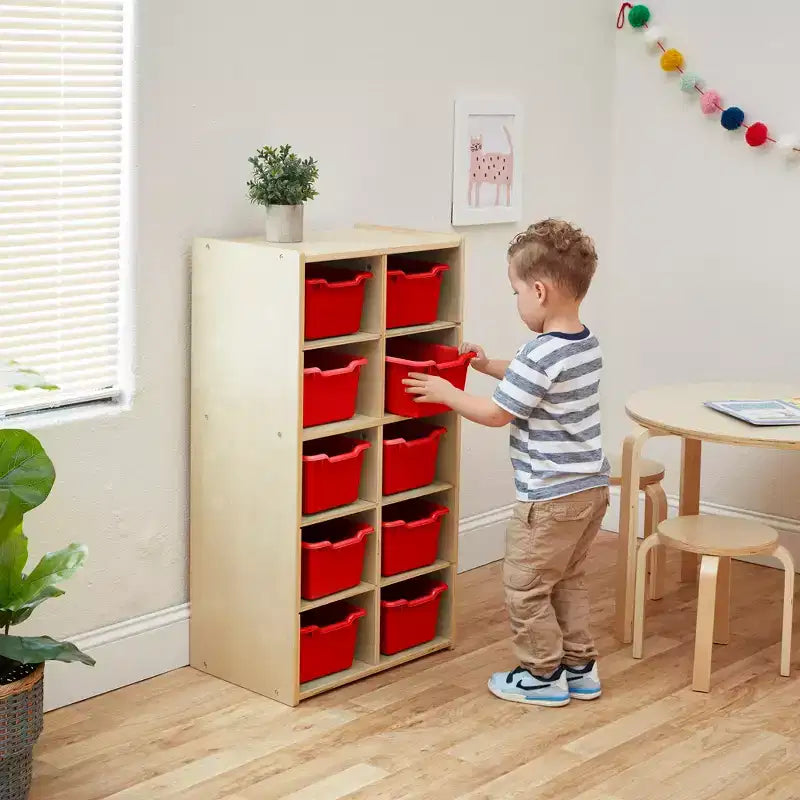 10-Cubby Tray Cabinet with 10 Scoop Front Storage Bins, 5x2, Kids Furniture