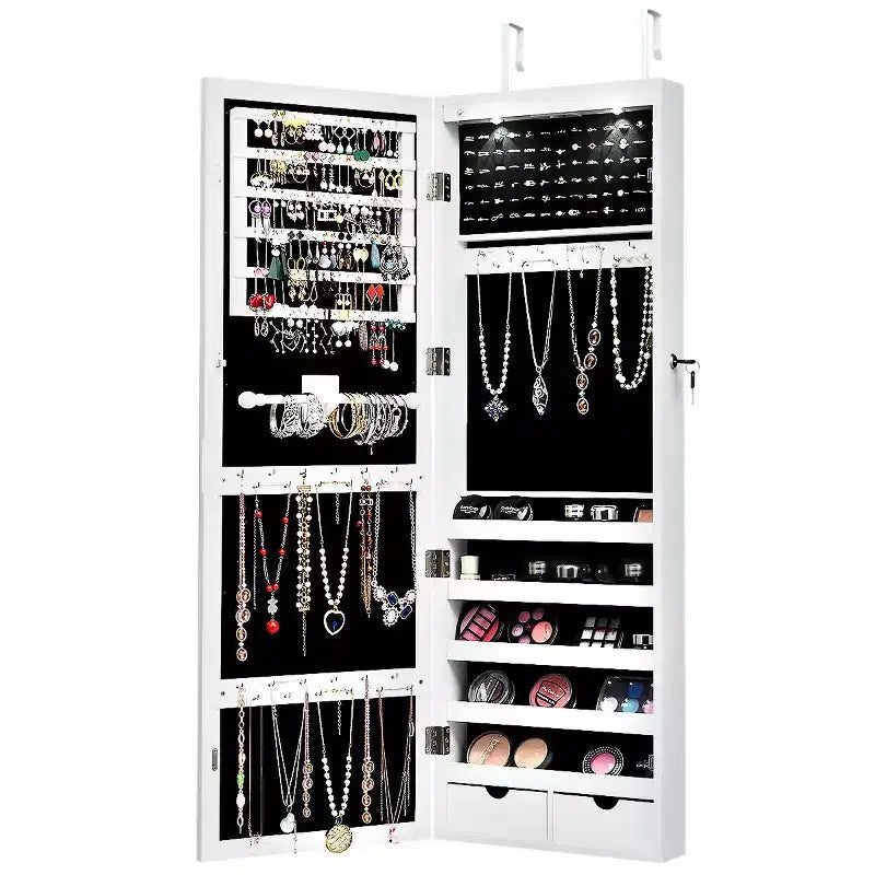 Mirror Jewelry Cabinet with Full Length Mirror, Internal LED Lights and Hooks, Wall or Door Mounted, White