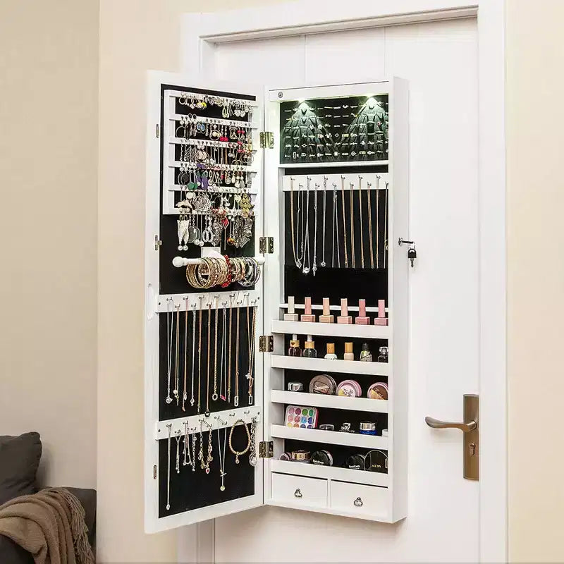 Mirror Jewelry Cabinet with Full Length Mirror, Internal LED Lights and Hooks, Wall or Door Mounted, White