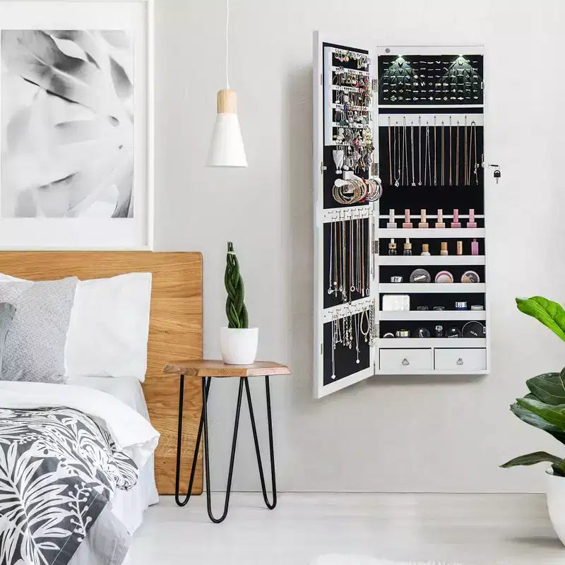 Mirror Jewelry Cabinet with Full Length Mirror, Internal LED Lights and Hooks, Wall or Door Mounted, White