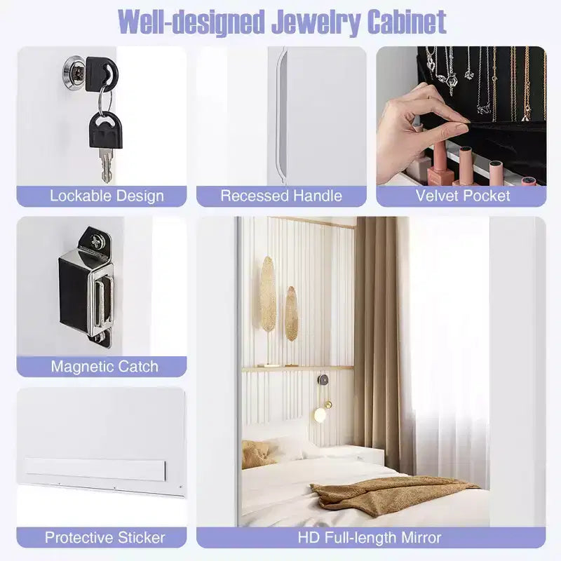 Mirror Jewelry Cabinet with Full Length Mirror, Internal LED Lights and Hooks, Wall or Door Mounted, White