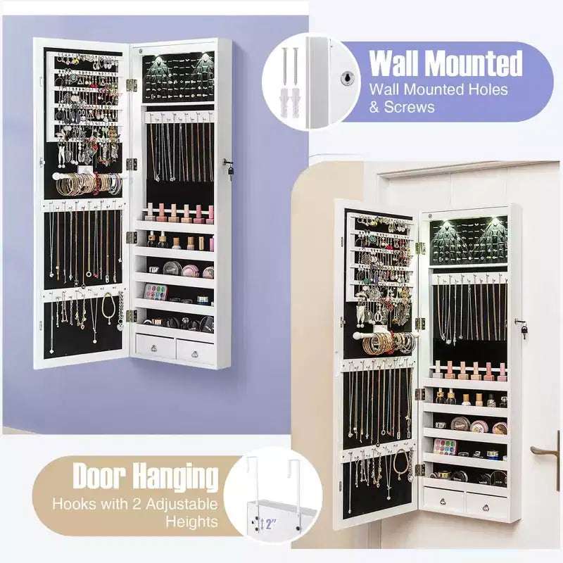 Mirror Jewelry Cabinet with Full Length Mirror, Internal LED Lights and Hooks, Wall or Door Mounted, White