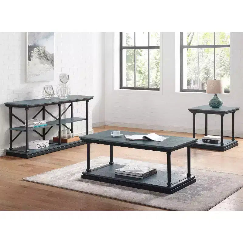 Shelf Base End Table with Open Storage, Square, Blue & Black, 23.63"