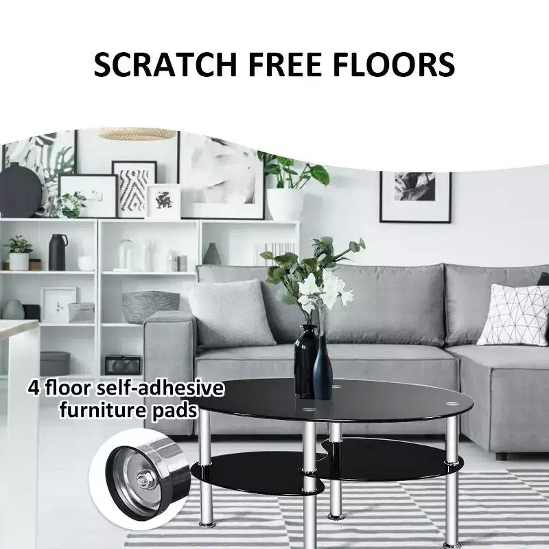 Tempered Glass Oval Coffee Table with 2 Bottom Shelves, Chrome Base, Living Room, Black