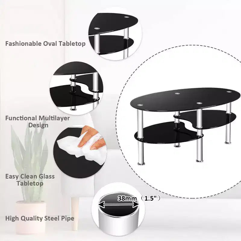 Tempered Glass Oval Coffee Table with 2 Bottom Shelves, Chrome Base, Living Room, Black