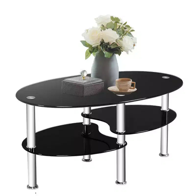Tempered Glass Oval Coffee Table with 2 Bottom Shelves, Chrome Base, Living Room, Black