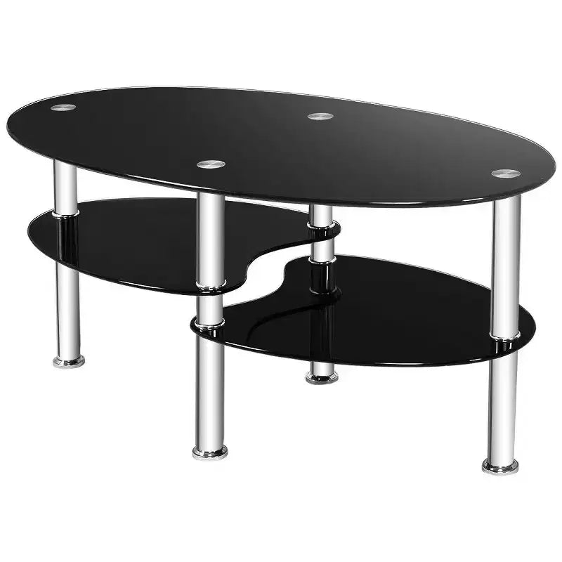 Tempered Glass Oval Coffee Table with 2 Bottom Shelves, Chrome Base, Living Room, Black