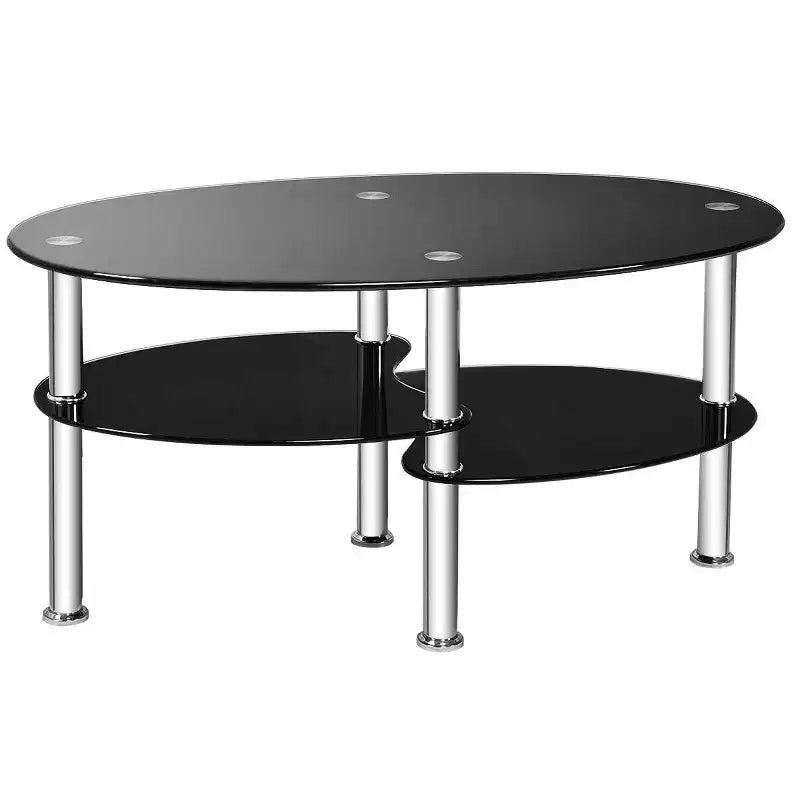 Tempered Glass Oval Coffee Table with 2 Bottom Shelves, Chrome Base, Living Room, Black