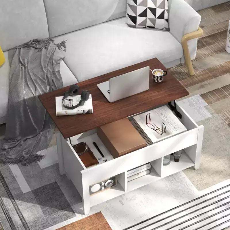 Lift Top Coffee Table with Hidden Compartment and Storage Shelves, Modern Furniture, White