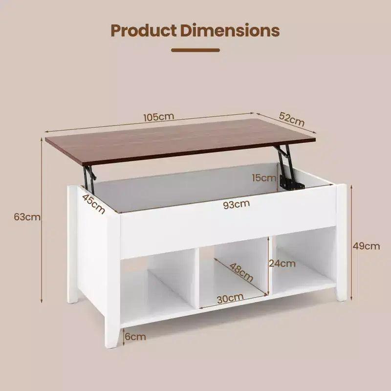 Lift Top Coffee Table with Hidden Compartment and Storage Shelves, Modern Furniture, White