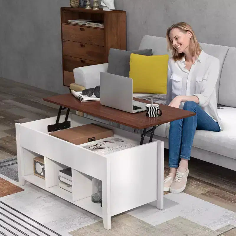 Lift Top Coffee Table with Hidden Compartment and Storage Shelves, Modern Furniture, White